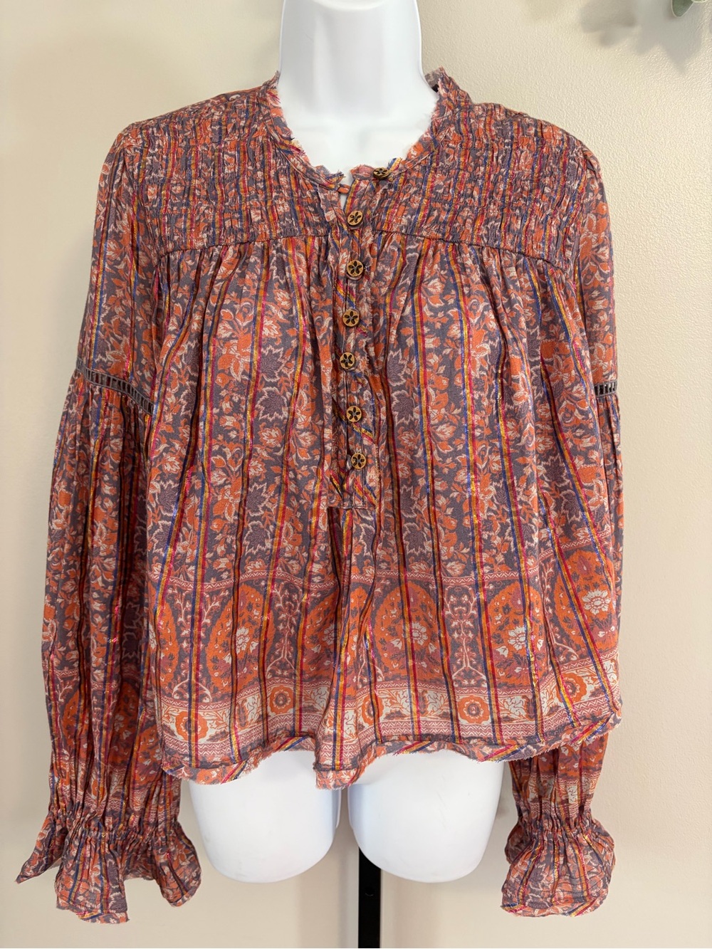 NWT Free People Rust and Purple Floral Button-Down Peasant Blouse